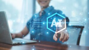 AI in small business concept showing a professional using an AI-powered digital interface on a laptop.
